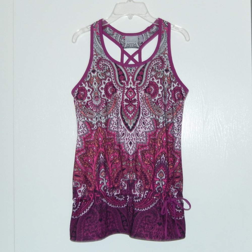 New Athleta Tank Top Paisley X Back Drop Waist Purple Pink Small